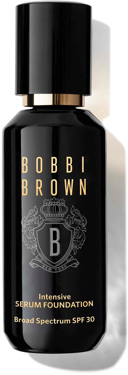 Czarna butelka z złotym i srebrnym tekstem, oznaczona 'Bobb Brown Intensive Serum Foundation SPF 30,' z czarną zakrętką.