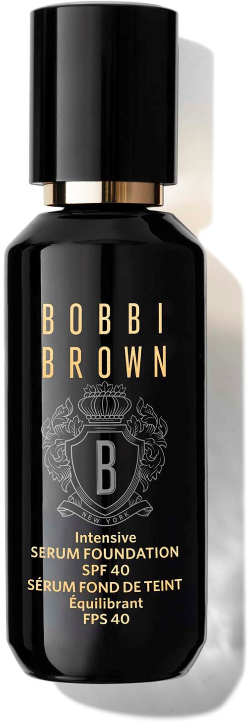 Czarna butelka z złotym i szarym tekstem, oznaczona Bobbi Brown Intensive Serum Foundation SPF 40.