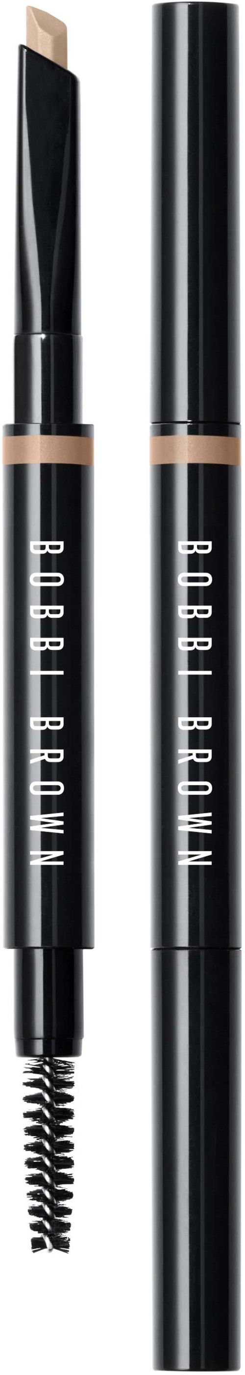 Dwa eyelinery ołówki z czarnymi i beżowymi nakładkami, jeden z szczoteczką z włosiem, drugi z końcówką. Logo Bobbi Brown.