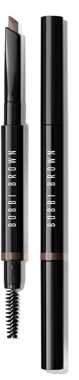 Dwa czarne kredki do makijażu: jedna otwarta z trymatorem brwi, druga zamknięta. Oba mają nazwę Bobbi Brown.