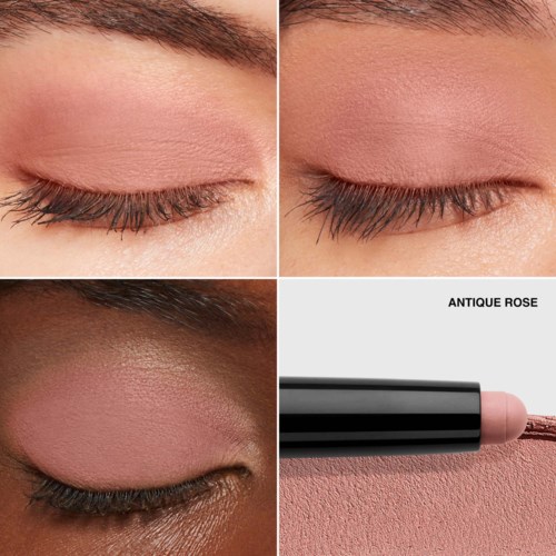 Vier Bilder zeigen verschiedene Augen-Make-up-Looks und eine rosa Lippenstiftprobe. Alle mit geschlossenen Augen und natürlichen Stilen.