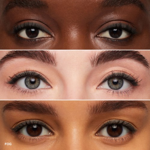 Three pairs of eyes with different skin and eye colors, showing close-up details and makeup styles.