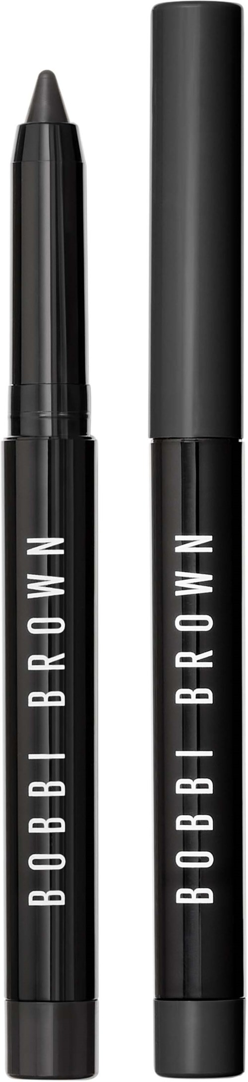 Two black BOBBI BROWN makeup pencils, one with a cap, on a black background.