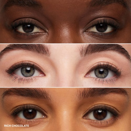 Three different people's eyes with varying skin tones and eye colors. Close-up view of eyes.