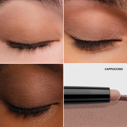 Vier Nahaufnahmen von Augenlidern mit unterschiedlichen Hauttönen und Make-up. Einschließlich eines Lipgloss-Rods mit der Aufschrift 'CAPPUCCINO'.