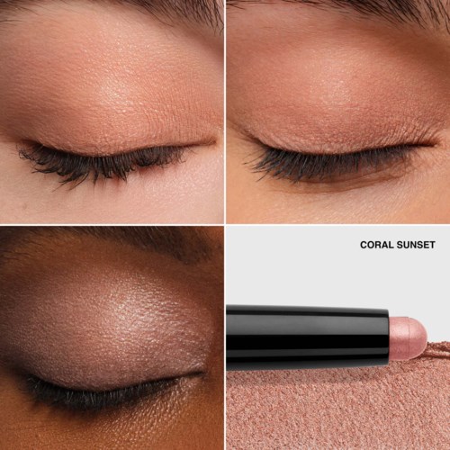 Close-up of closed eyes with makeup, and a pink highlight stick labeled 'Coral Sunset'.