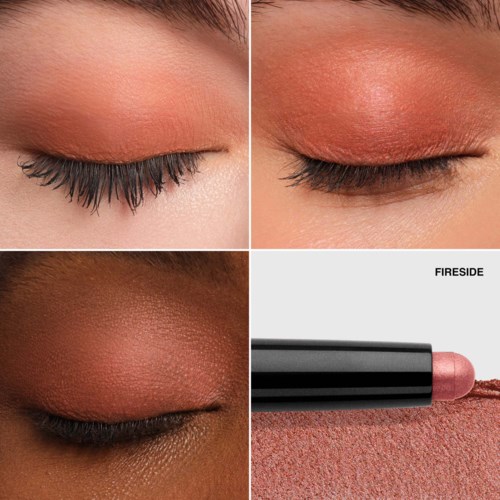 Different eye makeup styles with soft pink and bronze eyeshadows, and a pinkish lipstick.