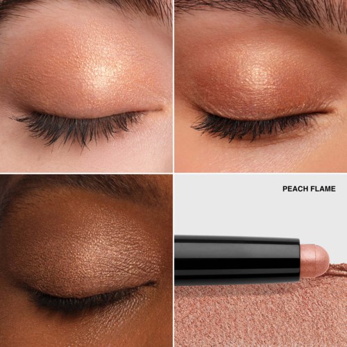 Four close-up views of eyelids with shimmering, gold, bronze, and brown eyeshadows. There's also a lipstick labeled 'Peach Flame.'