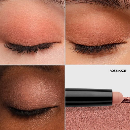 Three close-up images of closed eyes, showing different skin tones and makeup. A lipstick tube is shown in the bottom right.