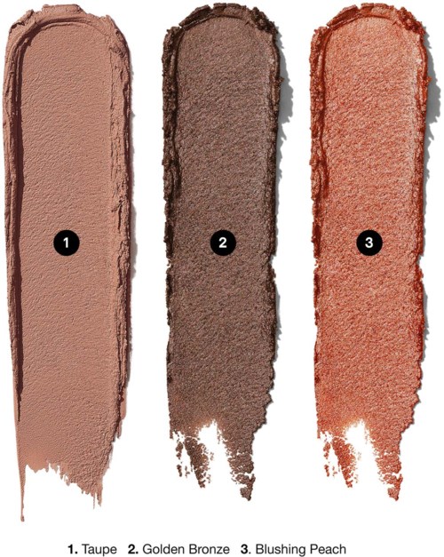 Drie oogschaduwstalen genaamd Taupe, Golden Bronze en Blushing Peach.