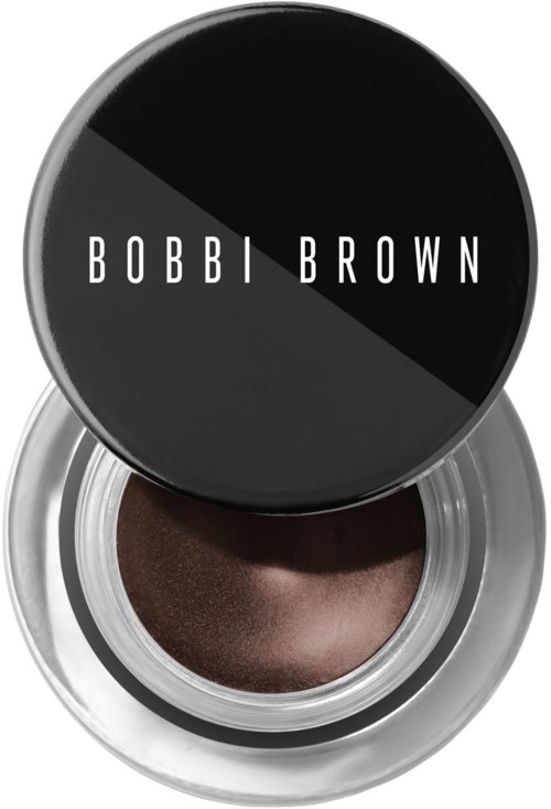Bobbi Brown crèmeinéeuwschaduw in een metallic bruintint in een open zilverkleurige container met zwarte deksel.