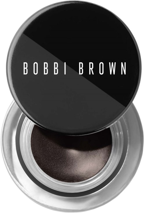 Bobbi Brown zwarte wenkbrauwgel in een zilveren houder met een zwarte deksel met merknaam.