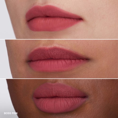 Three different shades of pink lipstick on lips of varying skin tones shown in close-up.
