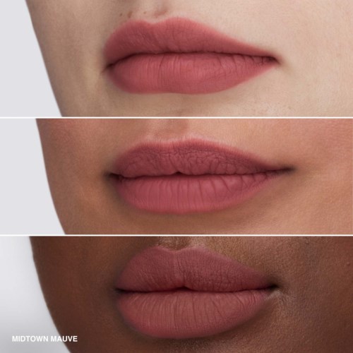 Three different skin tones with various lip shades, showcasing makeup variations.