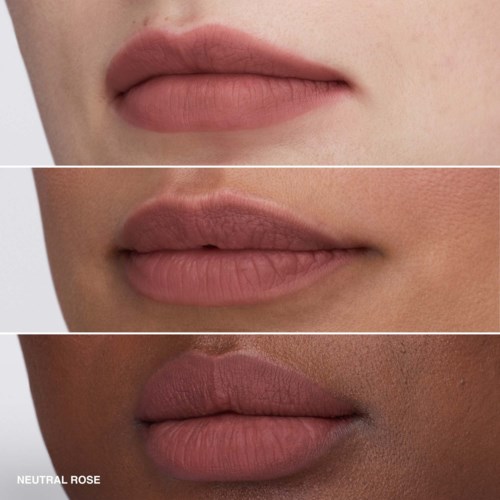 Three close-up images of lips, showing different skin tones and lip colors, labeled 'Neutral Rose'.