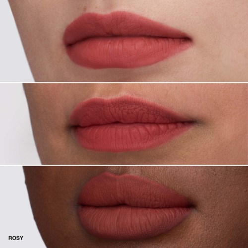 Three lips with different shades of lipstick, from light to dark, shown in a vertical arrangement.
