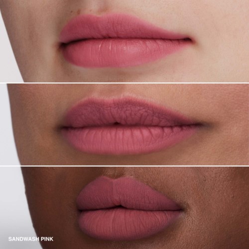 Three different lips with pink lipstick, showing various shades and textures.