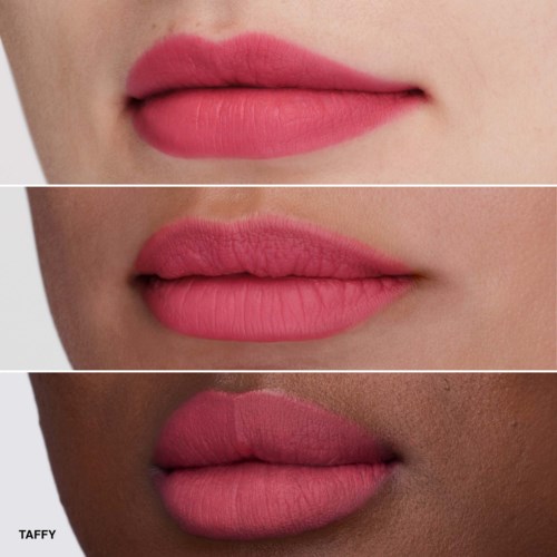 Three different shades of lipstick on lips, varying from light pink to darker pink, shown in close-up.