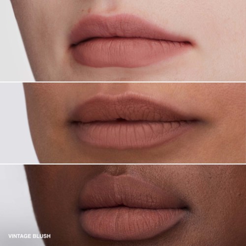 Three different lips with makeup, showing various shades and styles. The bottom lips are labeled 'Vintage Blush.'