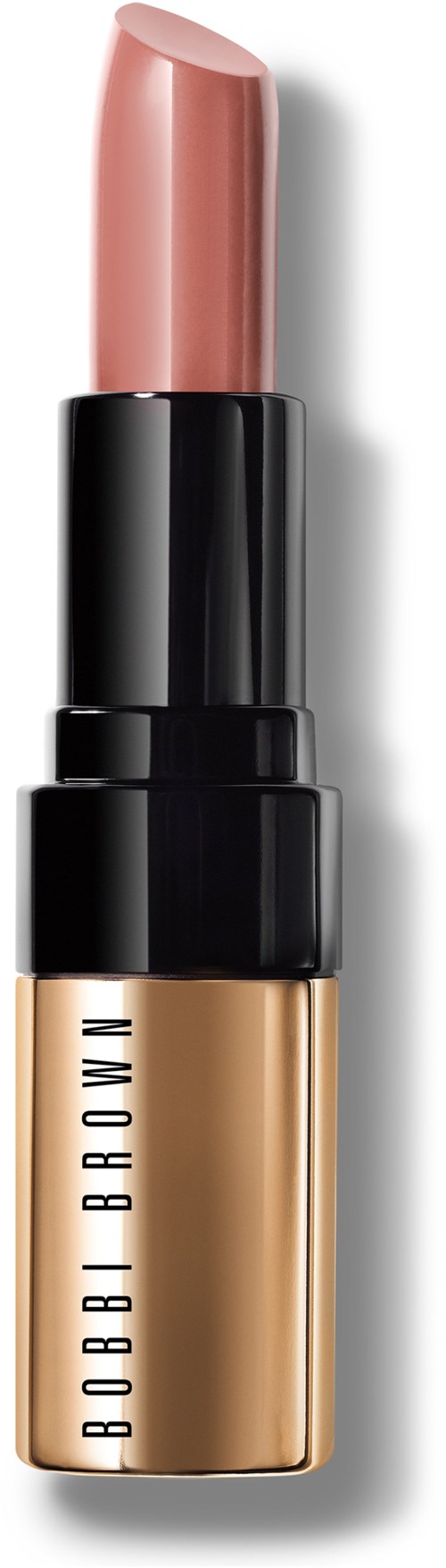 A lipstick with a beige color in a black and gold tube, labeled 'BOBBI BROWN'.