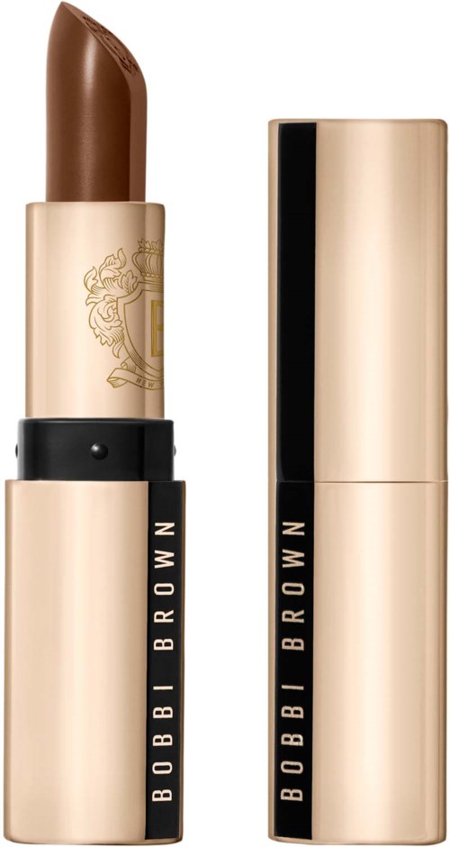 Bobbi Brown lippenstift inbruine kleur met goud en zwart omhulsel, zonder deksels om de lipstick te laten zien.