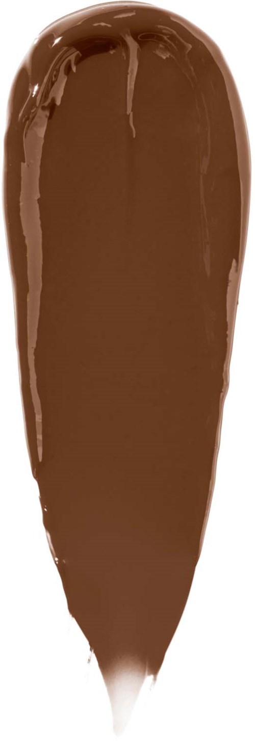 Een vloeiende, langwerpige strook in bruin make-up, mogelijk lippenstift of concealer, verticaal op een witte achtergrond.