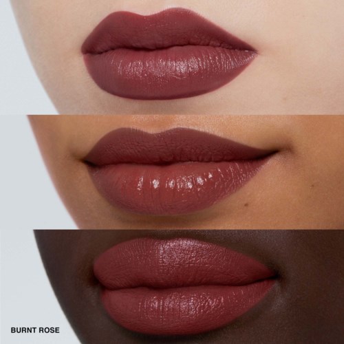 Drie close-up foto's van lippen met verschillende tinten bruin lippenstift, gelabeld 'Burnt Rose'.