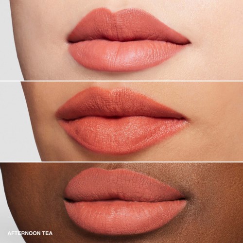 Three different skin tones show lips with peach-colored lipstick in various lighting and angles.