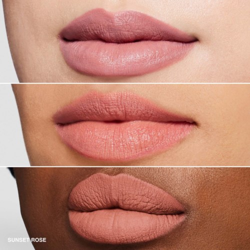 Three different lips shown with various shades of pink and nude lipstick.