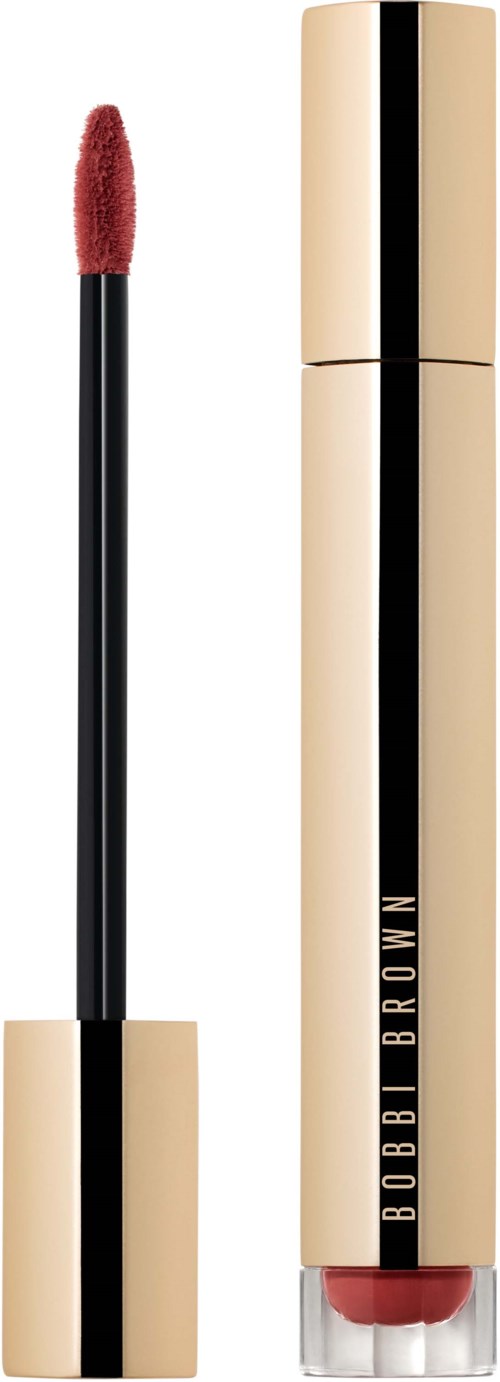 A lip gloss tube with a black and gold design, and a lip applicator showing red gloss.