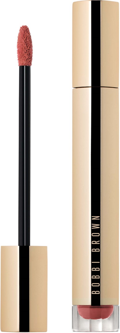 Bobbi Brown lip gloss with a black and gold tube, cap removed showing the applicator with pink gloss.