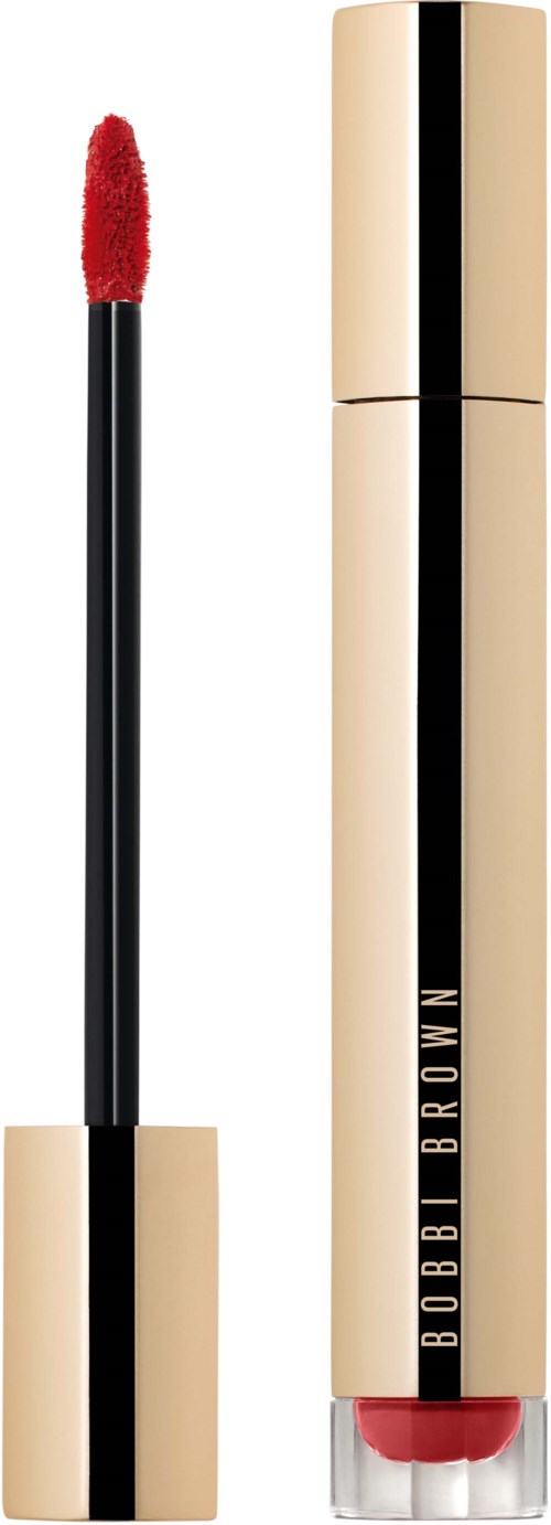 A lipstick with a black and gold tube, open to show red liquid lipstick with a long wand applicator.