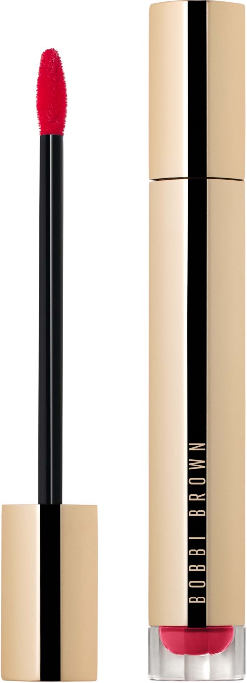 Lip gloss with a red sponge applicator and gold tube labeled Bobbi Brown.