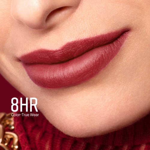 Close-up of a person's lips with red lipstick and smooth skin.