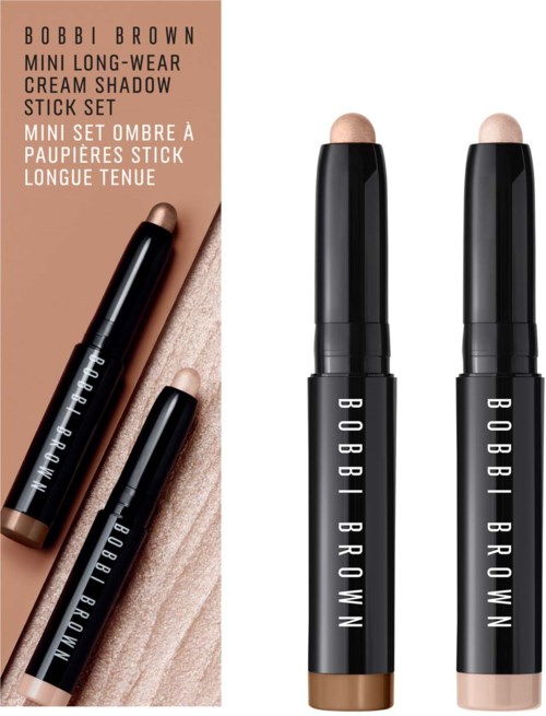 Bobbi Brown mini pitkäkestoinen voidemainen luomiväritikku sarja, sisältää kaksi neutraalia sävyä, musta pakkaus ja tuotekuvaus korteissa.