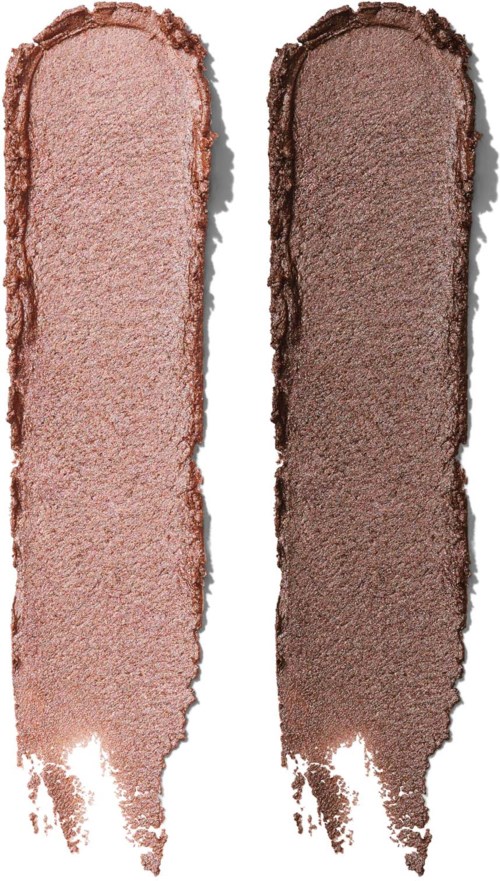 Twee oogschaduw-swatches in roze en bruin met vage randen.