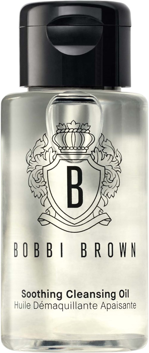 A clear bottle of Bobbi Brown Soothing Cleansing Oil with black cap and logo on front.