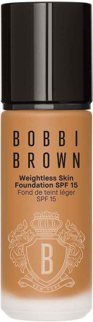Flaska med Bobbi Brown foundation för viktlös hud, SPF 15, med svart lock.