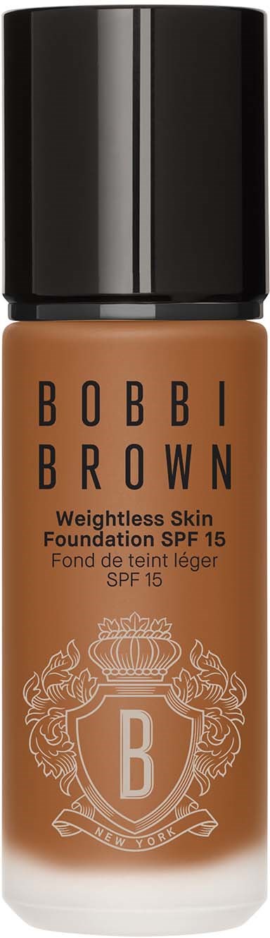 Butelka podkładu z czarną nakrętką i brązowym płynem. Marka Bobbi Brown, SPF 15, dla lekkiej skóry.