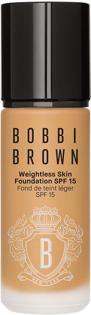 En flaska av Bobbi Brown foundation med SPF 15 och svart lock.