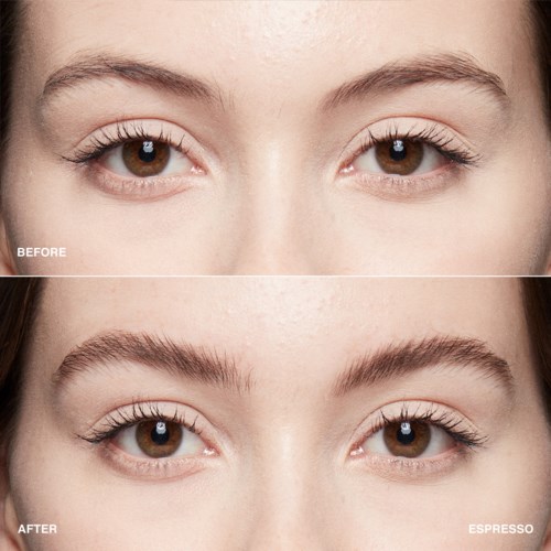 Before and after images of eyebrows showing growth and shaping improvements.