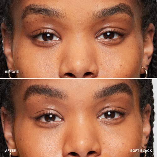 Two close-up images show a woman's eyes before and after applying soft black makeup or cosmetic enhancement.