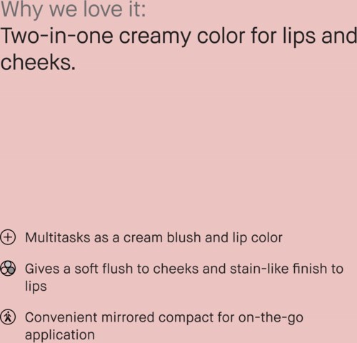 Text som förklarar en makeupprodukt som färgar läppar och kinder med kräm, stains finish, kompakt för på språng-användning.