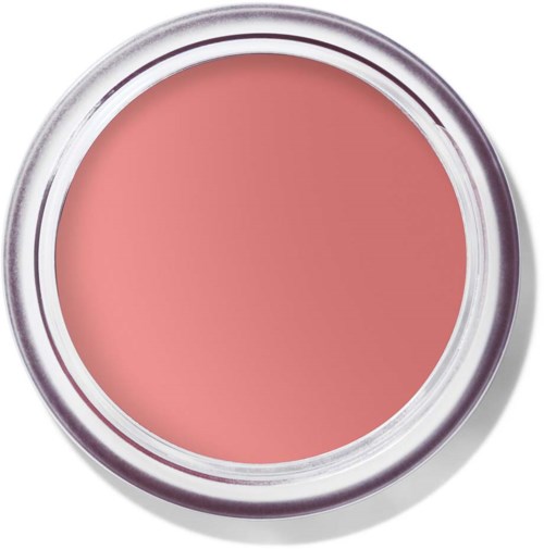 Ett rosa skönhetsprodukt i en rund, silverfärgad behållare, möjligen rouge eller kräm, med en slät yta.