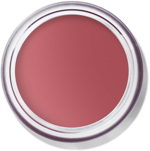 En rund behållare med rosa make-up eller rouge inuti. Silver och glänsande på utsidan. Vit bakgrund.