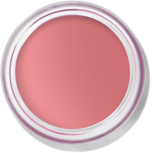 En rund behållare med rosa makeup eller kräm, öppen, som visar produkten inuti.
