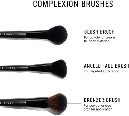 Diagram met drie verschillende make-upkwasten genaamd blushkwast, gekantelde gezichtskwast en bronzerkwast, met beschrijvingen van gebruik.