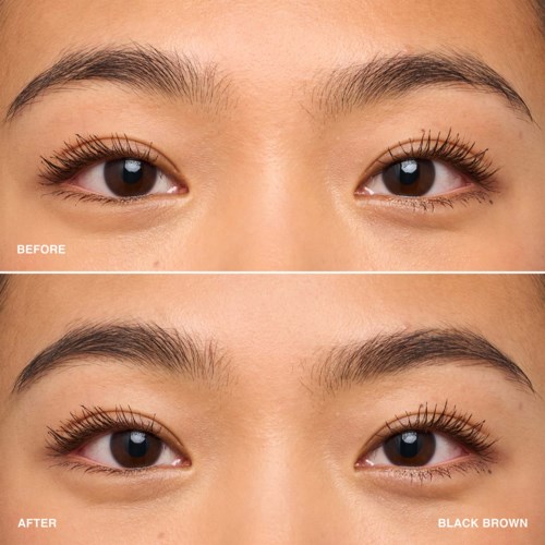 Nahaufnahme von Augen mit Vorher-Nachher-Resultat, vollere dunklere Wimpern.