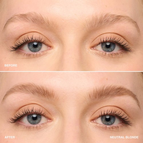 Die Augen einer Frau vor und nach Make-up, die im zweiten Bild vollere Augenbrauen und längere Wimpern zeigen.