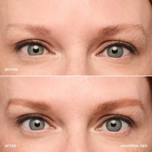 Zwei Bilder zeigen die Augen einer Person vor und nach der Anwendung eines roten Kosmetikprodukts. Das zweite Bild hat definiertere Augenbrauen und Make-up.